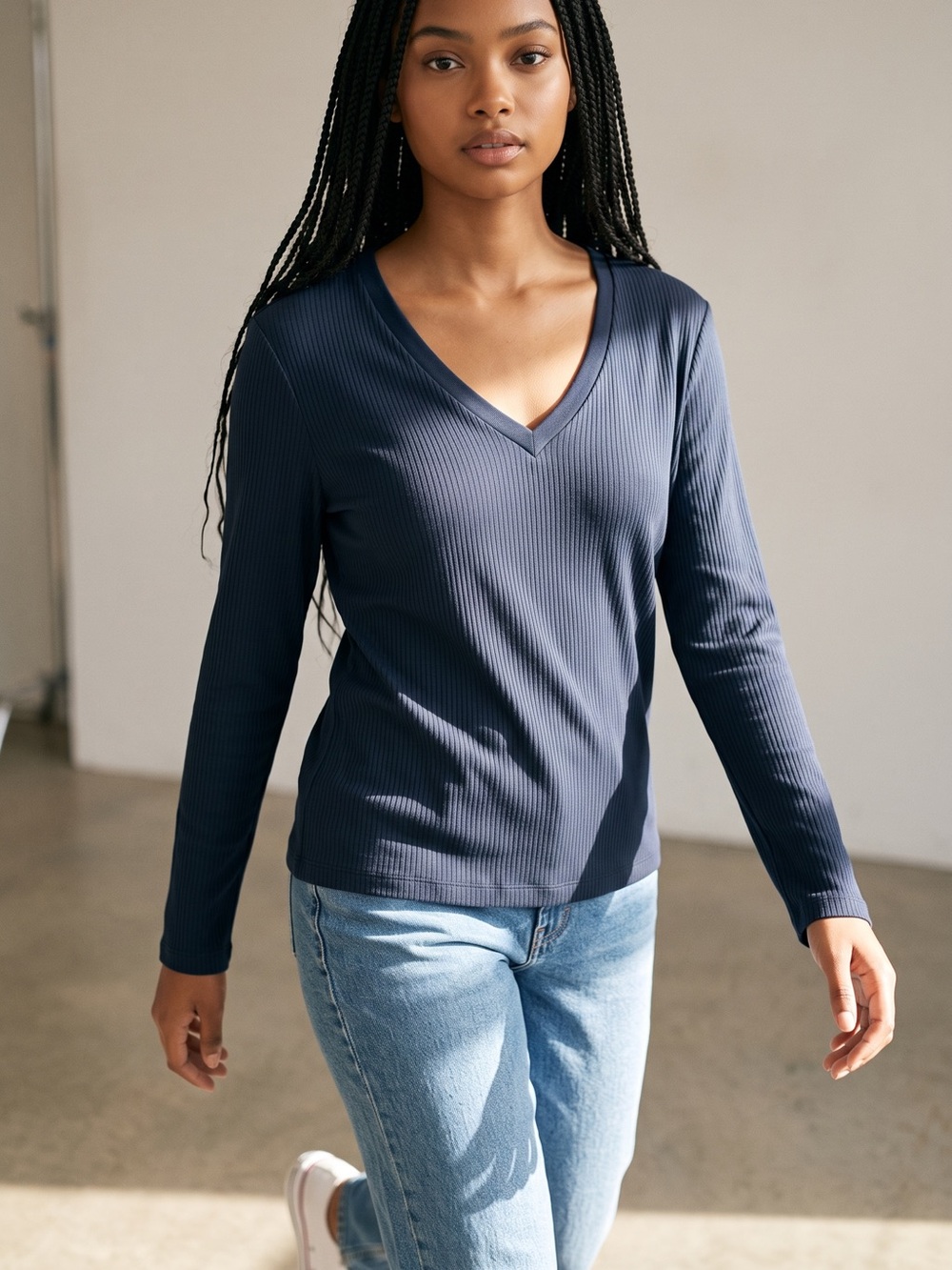 Lauren Ralph Lauren Navy Ribbed V-Neck Long-Sleeve Top